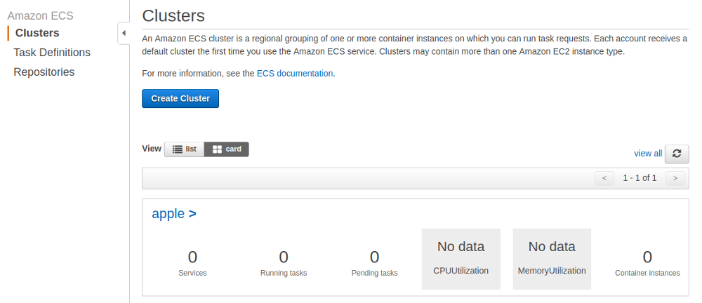 Amazon ECS cluster console