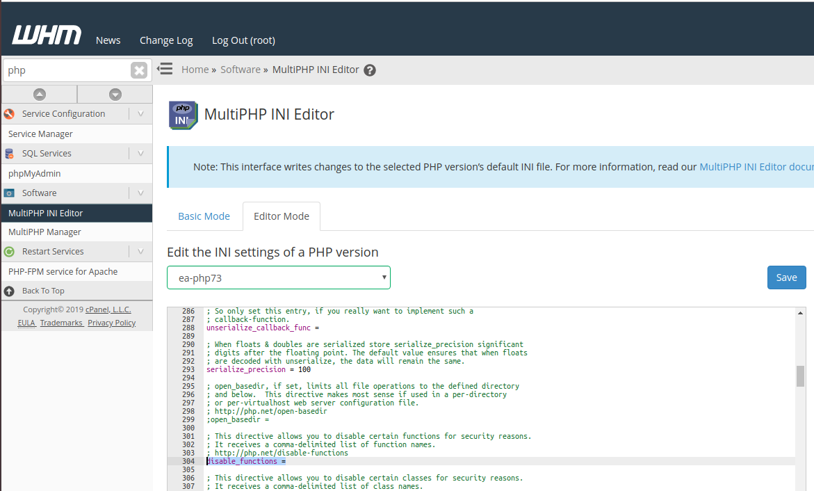 WHM php.ini editor
