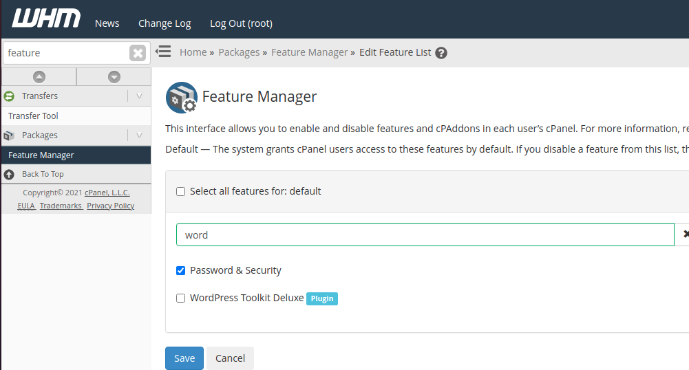 WordPress Toolkit WHM Feature Manager