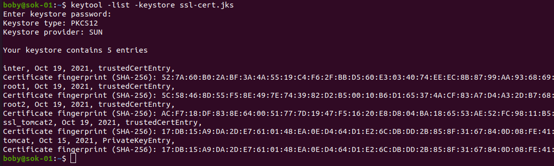 keytool list certificates
