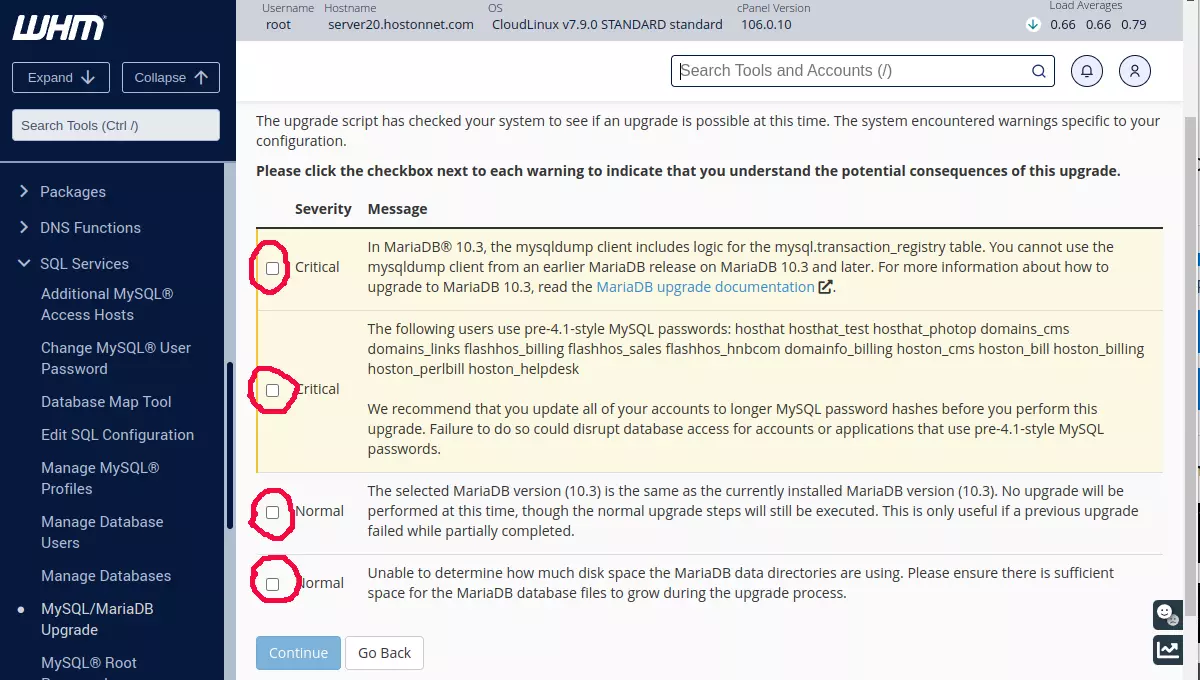 MariaDB upgrade warning