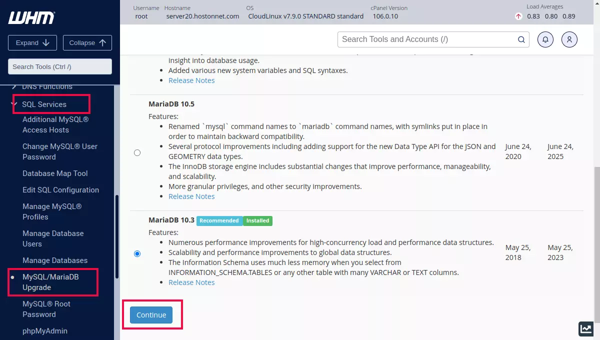 WHM MySQL/MaraDB upgrade