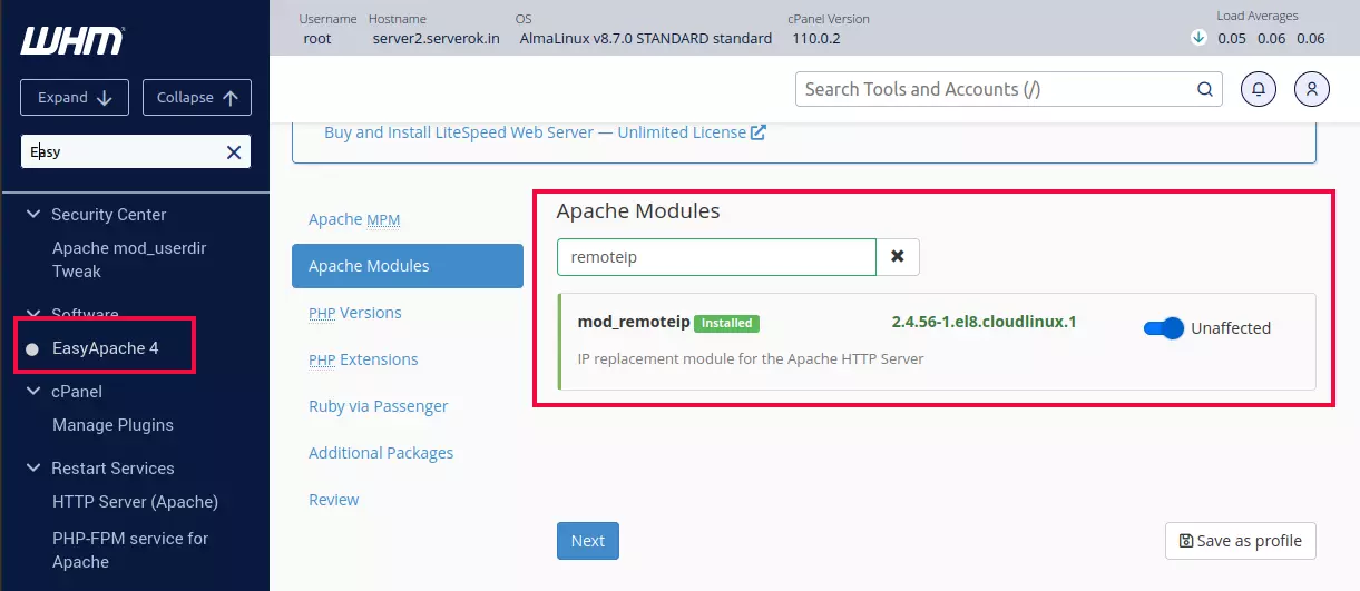 enable mod_remoteip in cpanel EasyApache