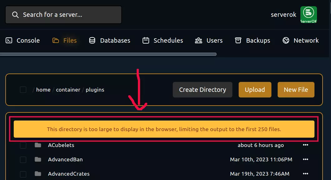 pterodactyl file manager 250 files limit