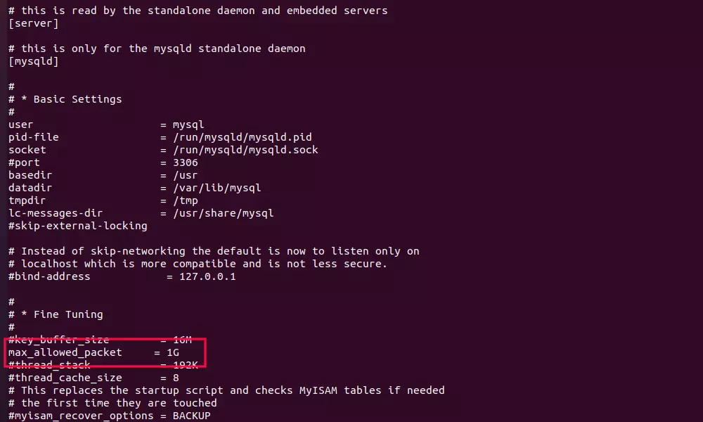 configure mariadb server max_allowed_packet 